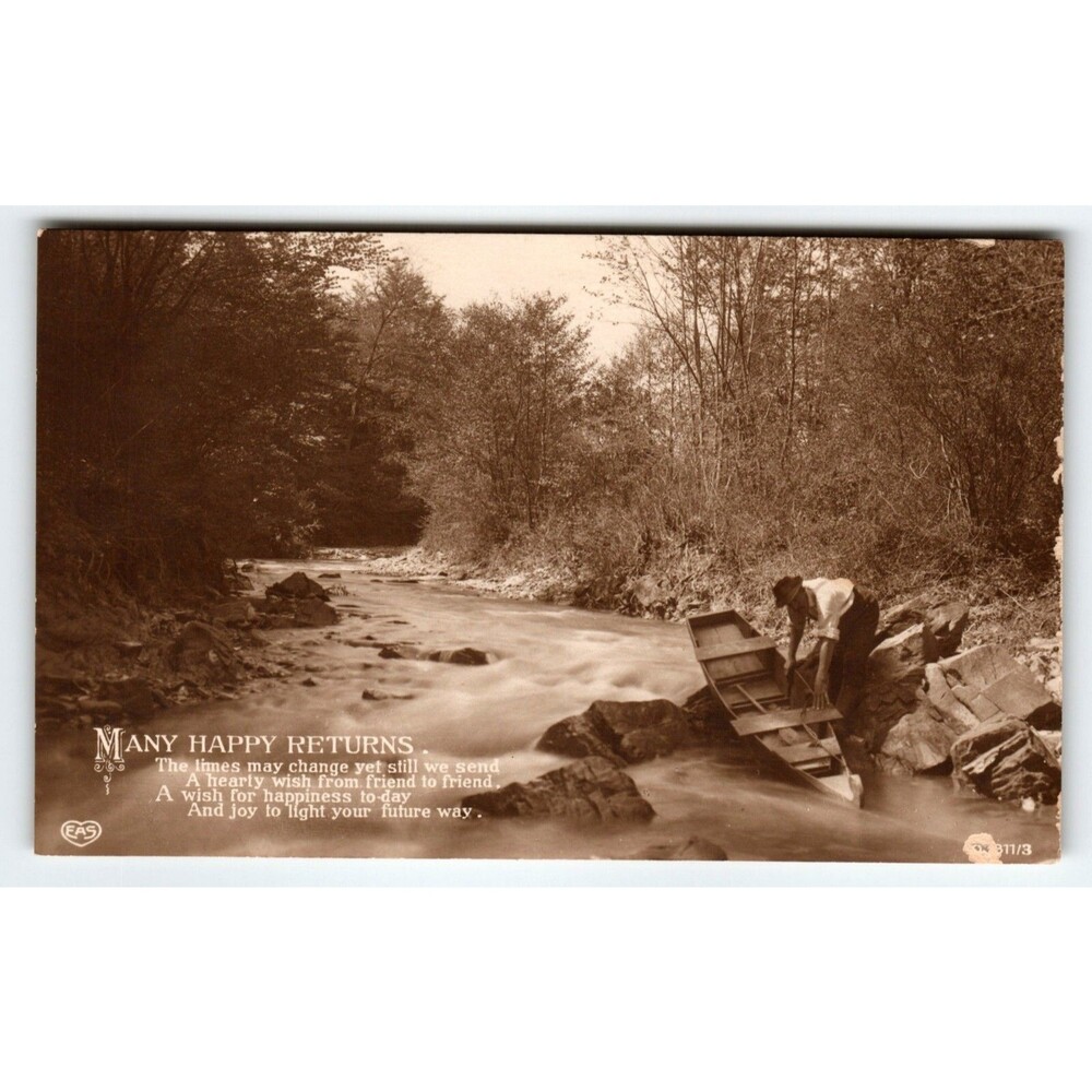 Man Canoe Boat Rustic Rapid River RPPC Postcard EAS Germany Happy Returns Poem